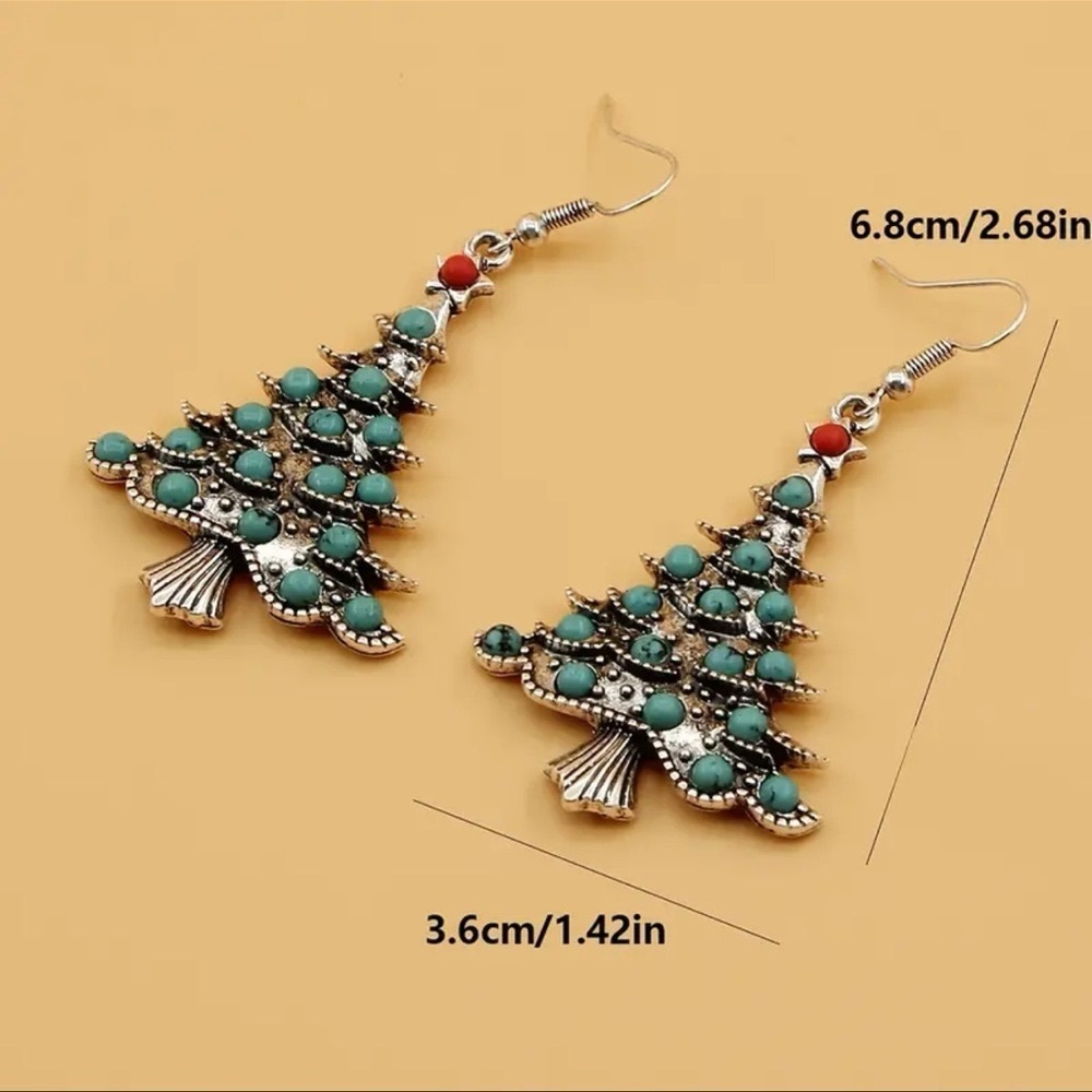 Silver Boho Chic Christmas Tree Turquoise Inlaid Holiday Dangle Earrings New - Picture 5 of 5